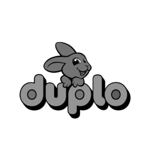 Logo of the word "duplo" in bold, rounded lettering with a cartoon rabbit's head and paws playfully resting on the letters, appearing cheerful and friendly.